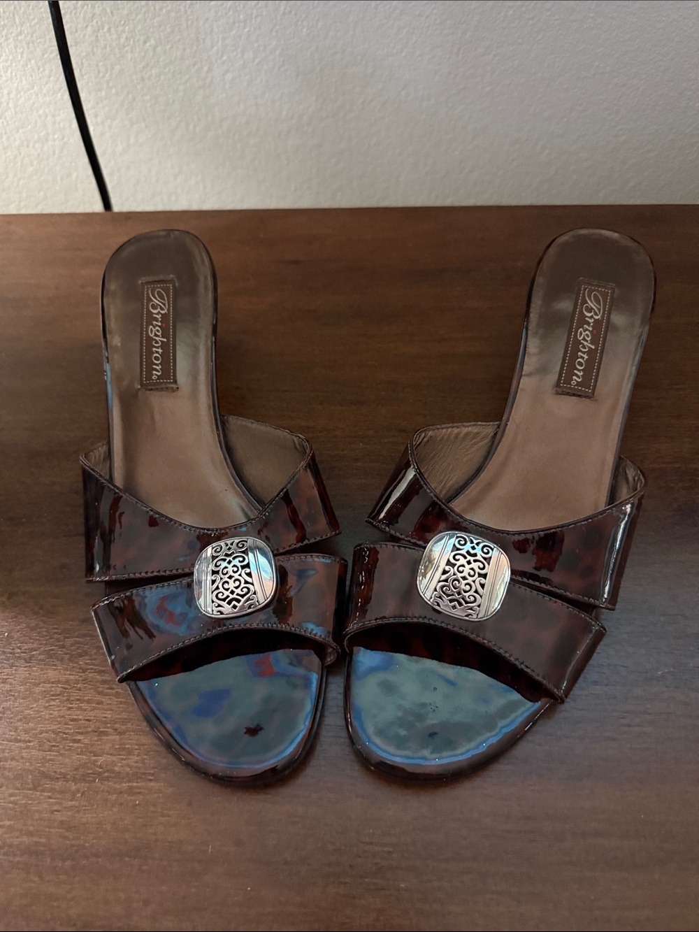 Brighton Women's Brown Patent Slide Sandals with Decorative Silver Buckle